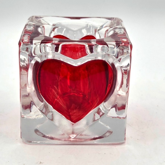 Red Other - Vintage Art Glass Red Heart Votive Candle Holder 3" Square Valentines Day